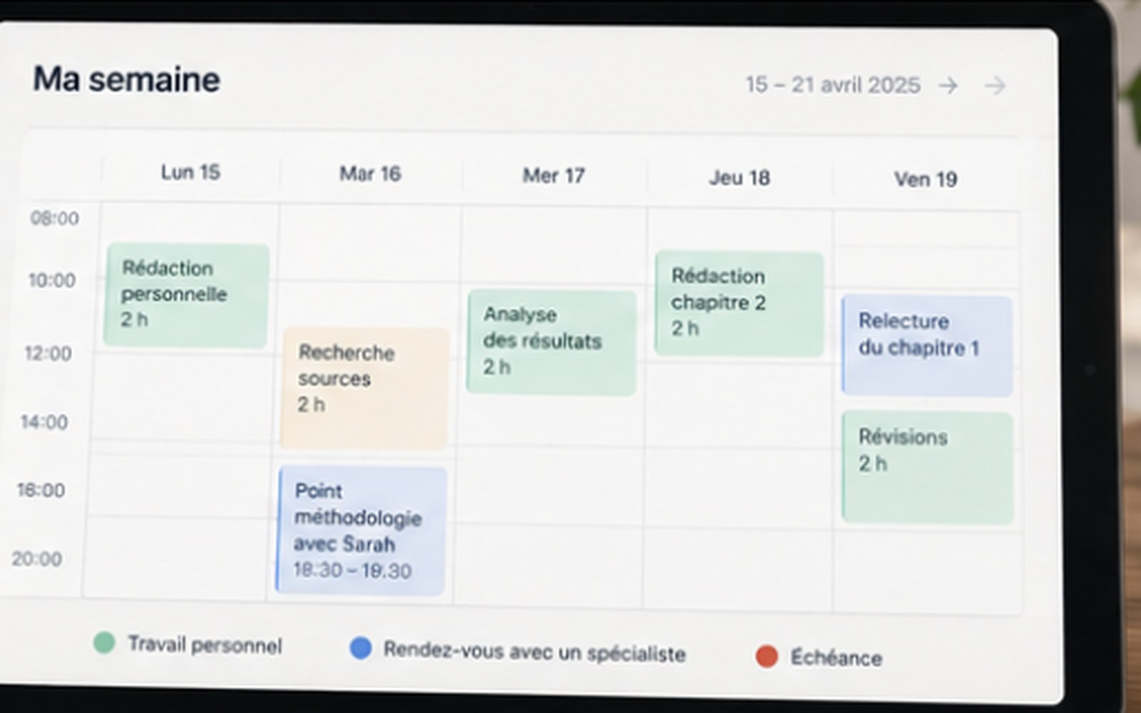 Planning de la semaine sur une tablette, avec les plages de travail et un rendez-vous