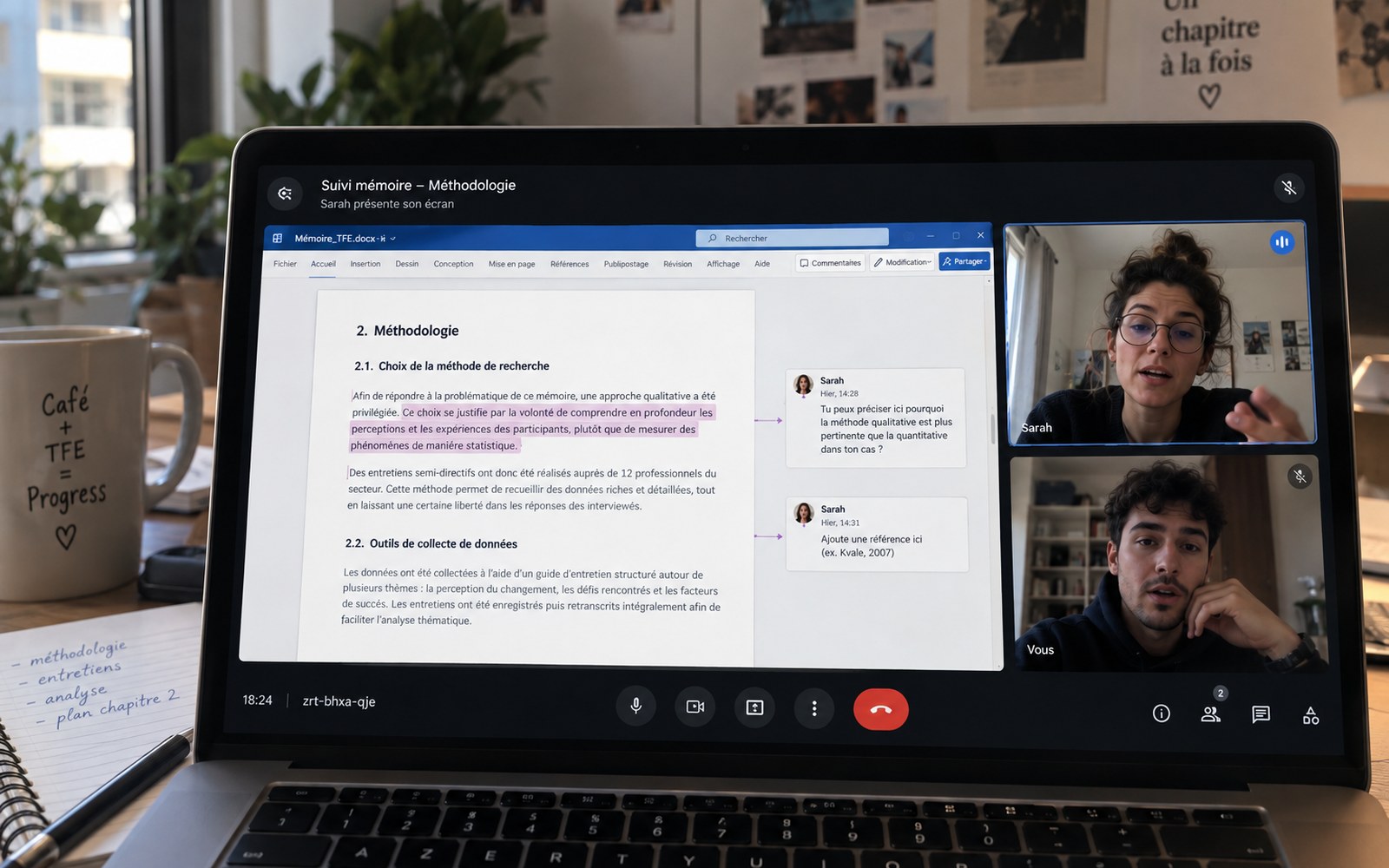Séance en visioconférence avec le document de mémoire partagé à l'écran
