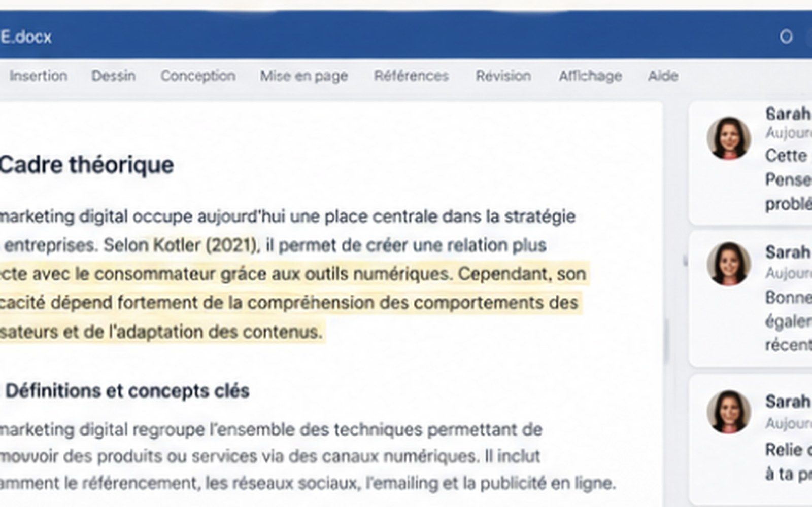 Document Word avec des commentaires du spécialiste dans la marge